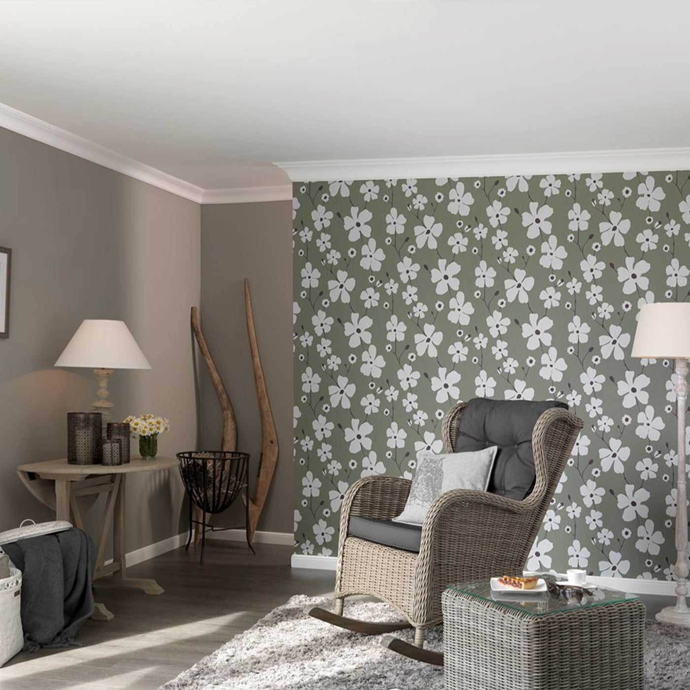 NOMASTYL® NMC 2m Ceiling Coving in living room interior with floral wallpaper Decormania UK